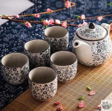 Théière céramique blanc bleu traditionnel avec ses tasses| Théières à la folie